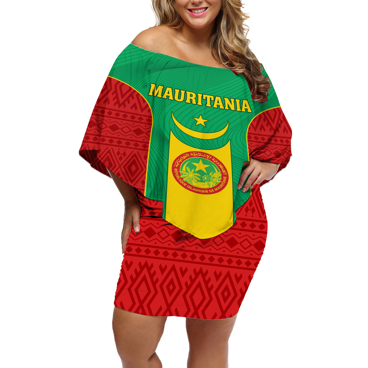 Mauritania Football Off Shoulder Short Dress Go Lions of Chinguetti - Wonder Print Shop