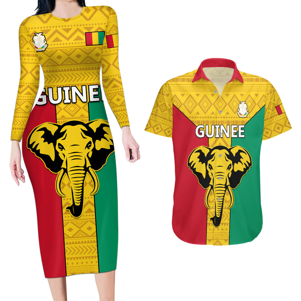 Guinea Football Couples Matching Long Sleeve Bodycon Dress and Hawaiian Shirt Come On Syli National - Wonder Print Shop