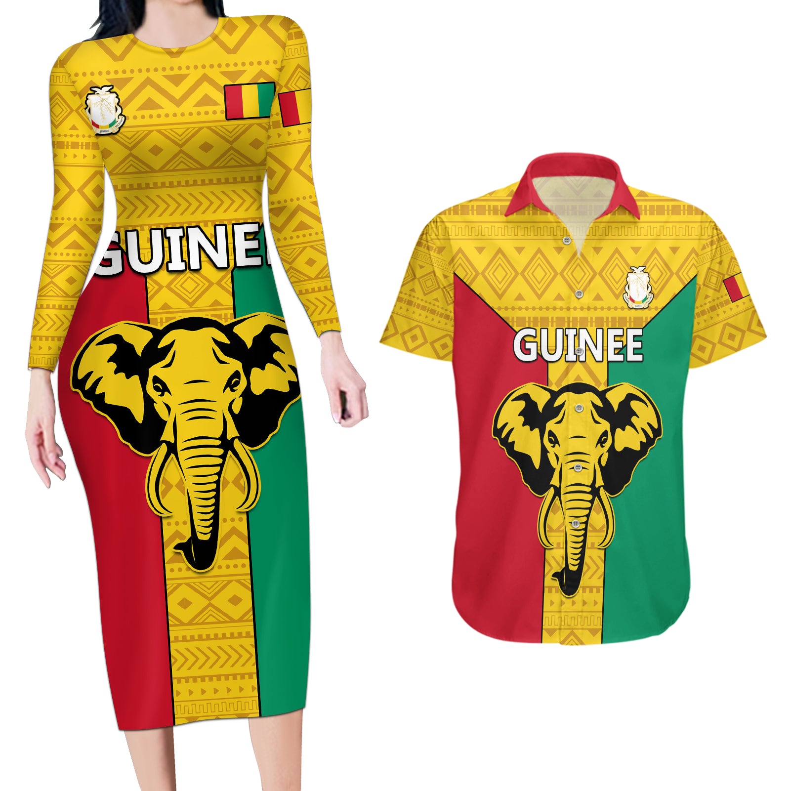 Guinea Football Couples Matching Long Sleeve Bodycon Dress and Hawaiian Shirt Come On Syli National - Wonder Print Shop