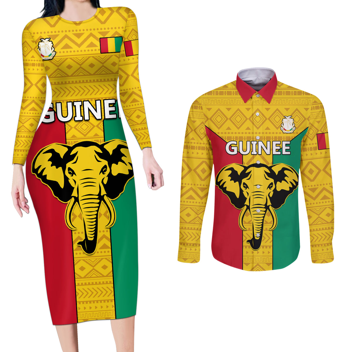 Guinea Football Couples Matching Long Sleeve Bodycon Dress and Long Sleeve Button Shirt Come On Syli National - Wonder Print Shop