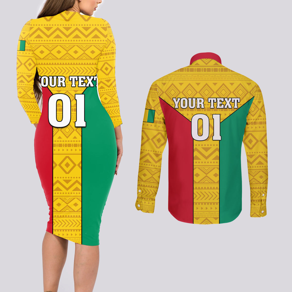 Guinea Football Couples Matching Long Sleeve Bodycon Dress and Long Sleeve Button Shirt Come On Syli National - Wonder Print Shop