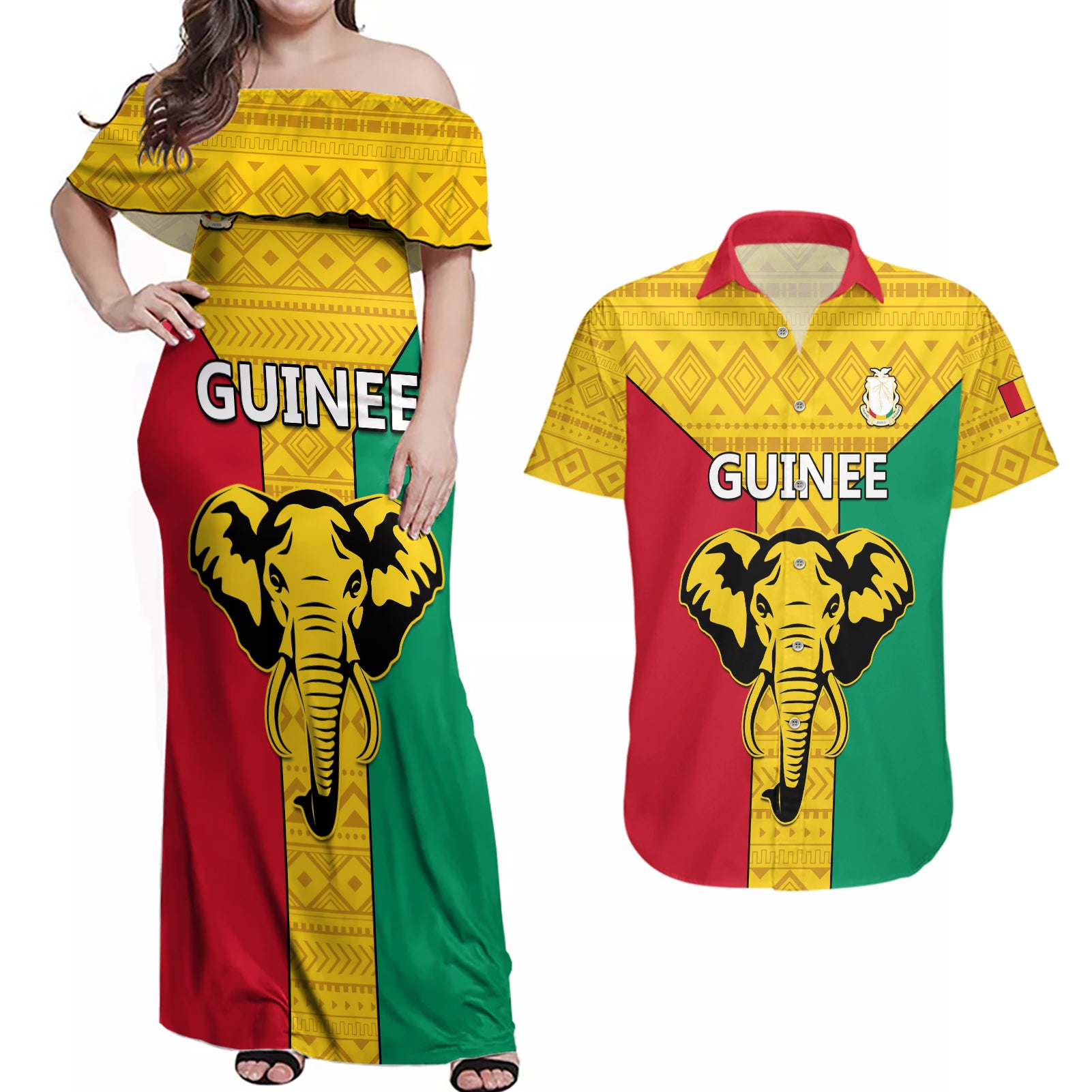 Guinea Football Couples Matching Off Shoulder Maxi Dress and Hawaiian Shirt Come On Syli National - Wonder Print Shop