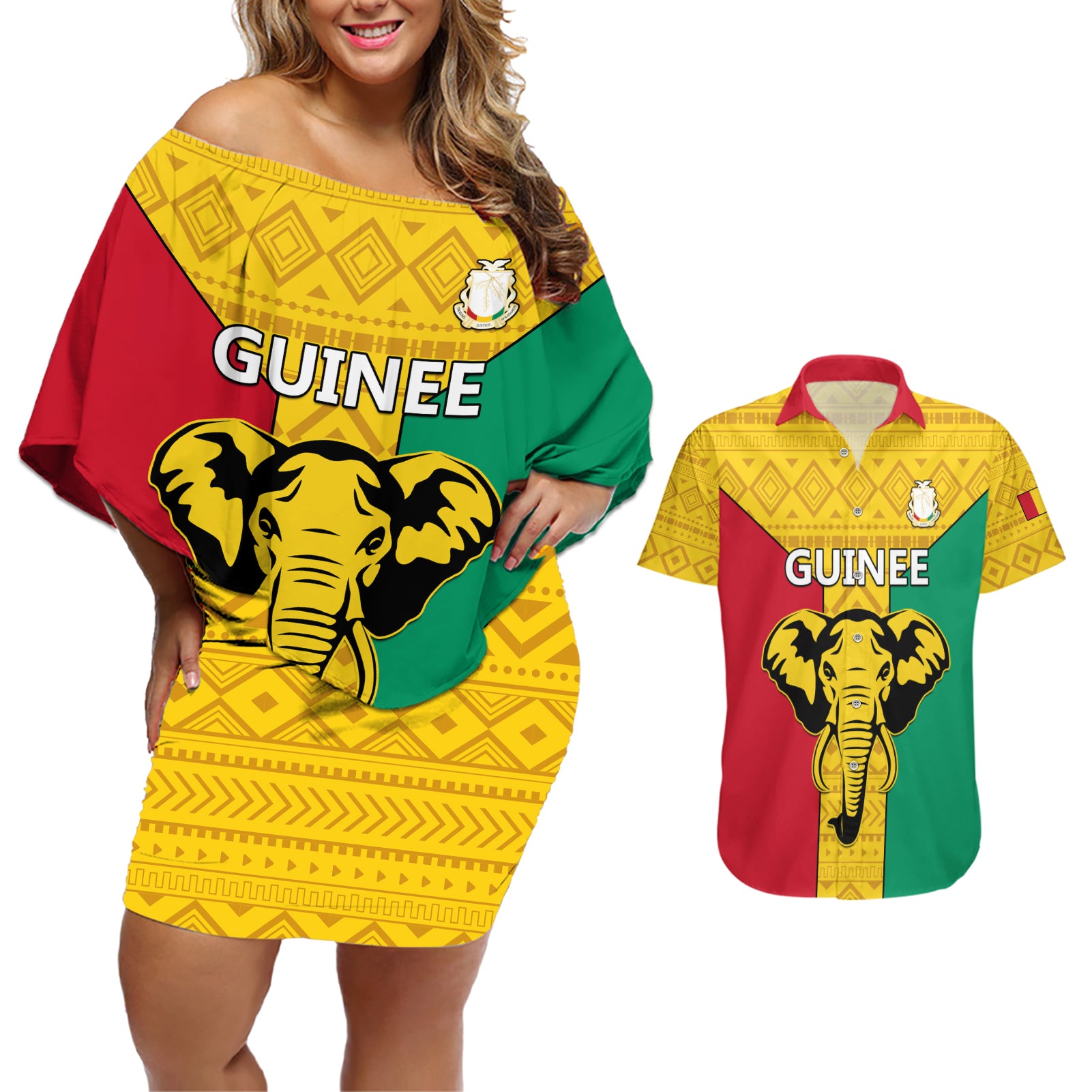 Guinea Football Couples Matching Off Shoulder Short Dress and Hawaiian Shirt Come On Syli National - Wonder Print Shop