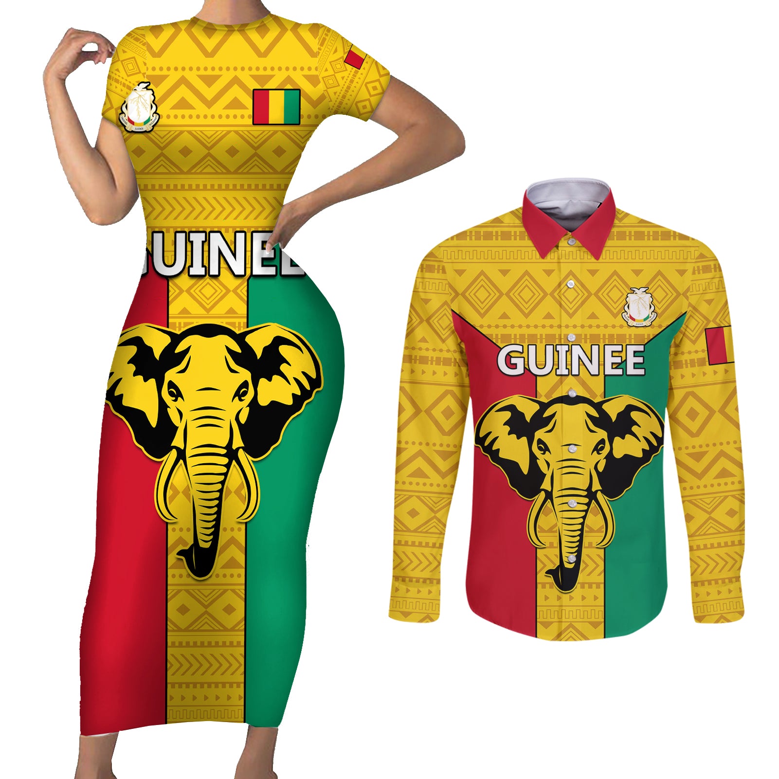 Guinea Football Couples Matching Short Sleeve Bodycon Dress and Long Sleeve Button Shirt Come On Syli National - Wonder Print Shop