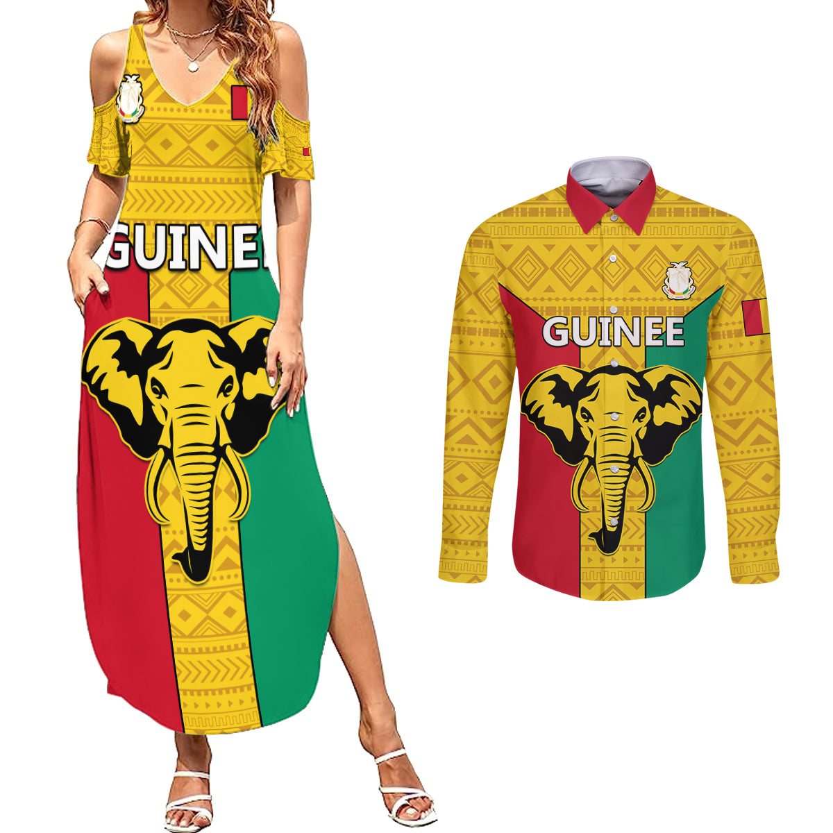 Guinea Football Couples Matching Summer Maxi Dress and Long Sleeve Button Shirt Come On Syli National - Wonder Print Shop