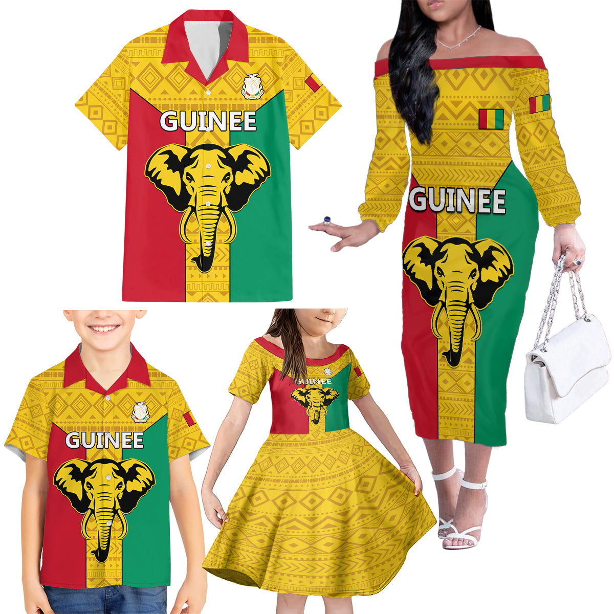 Guinea Football Family Matching Off Shoulder Long Sleeve Dress and Hawaiian Shirt Come On Syli National - Wonder Print Shop