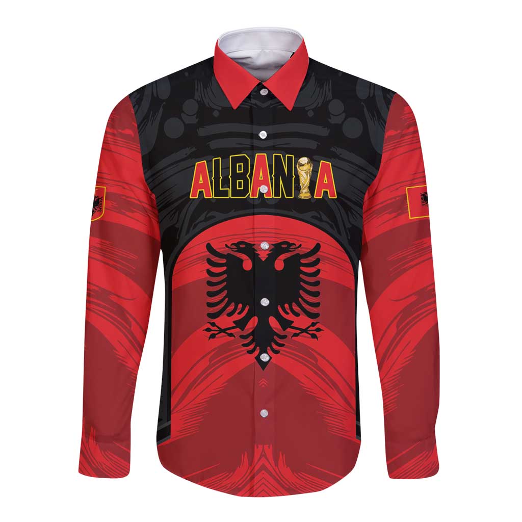 Custom Football 2026 Albania Black Long Sleeve Button Shirt Kuqezinjte Come On