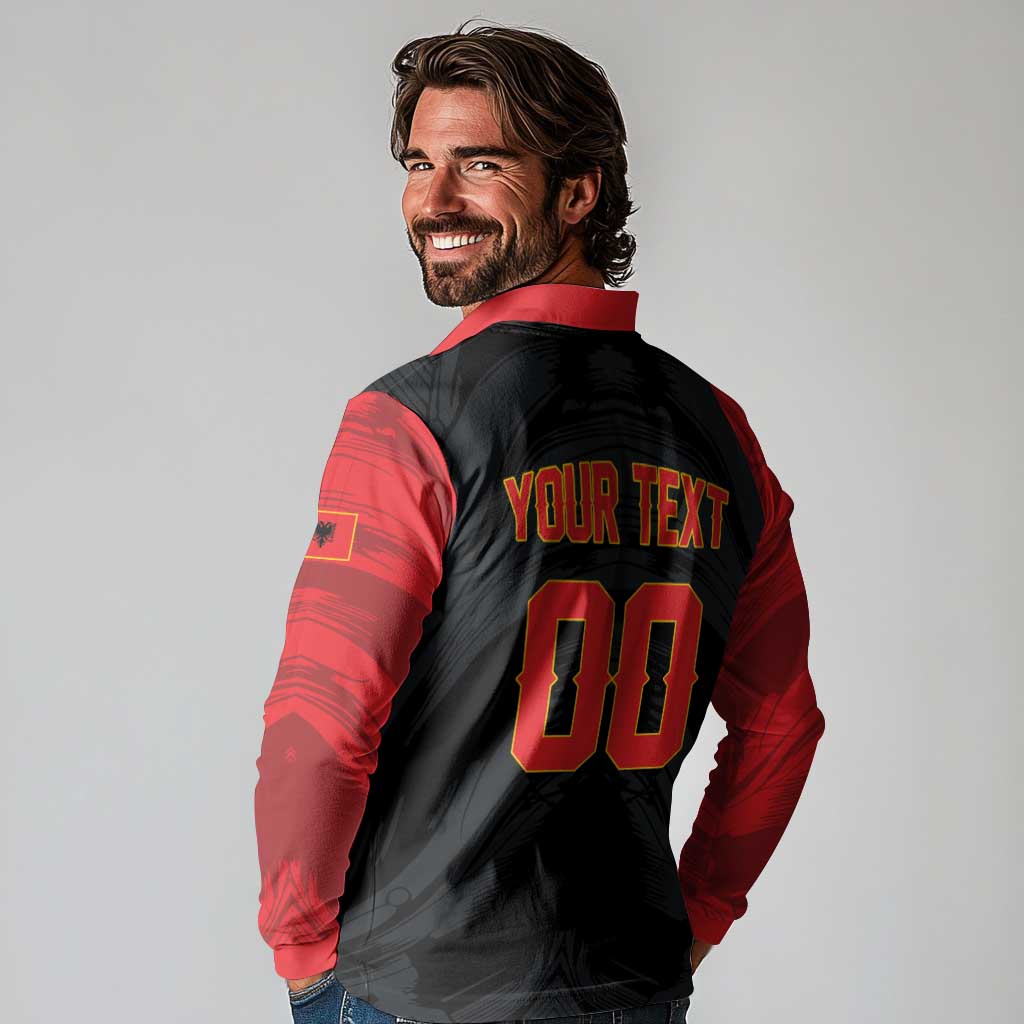 Custom Football 2026 Albania Black Long Sleeve Polo Shirt Kuqezinjte Come On