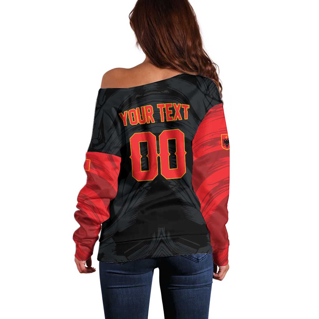 Custom Football 2026 Albania Black Off Shoulder Sweater Kuqezinjte Come On