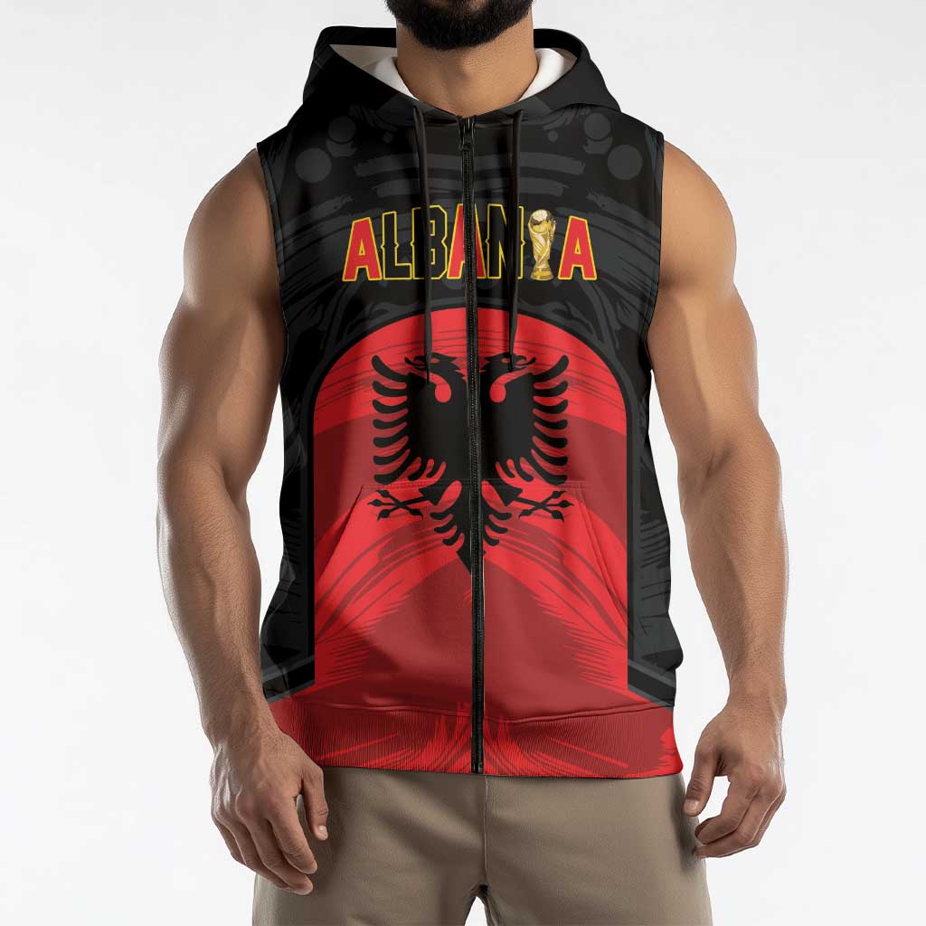 Custom Football 2026 Albania Black Sleeveless Zip Hoodie Kuqezinjte Come On