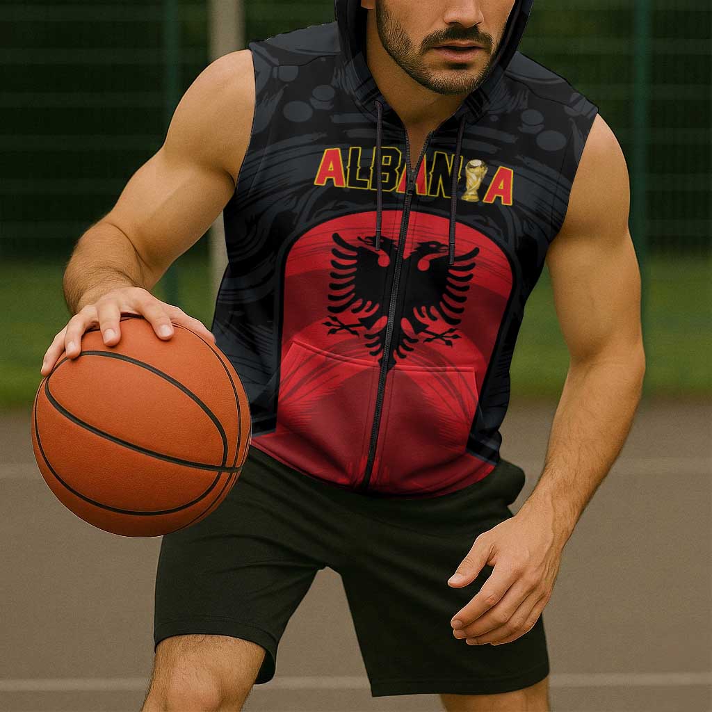 Custom Football 2026 Albania Black Sleeveless Zip Hoodie Kuqezinjte Come On