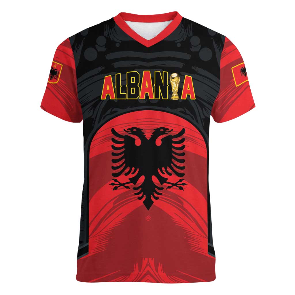 Custom Football 2026 Albania Black Women V-Neck T-Shirt Kuqezinjte Come On