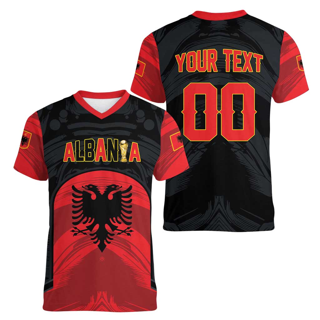Custom Football 2026 Albania Black Women V-Neck T-Shirt Kuqezinjte Come On