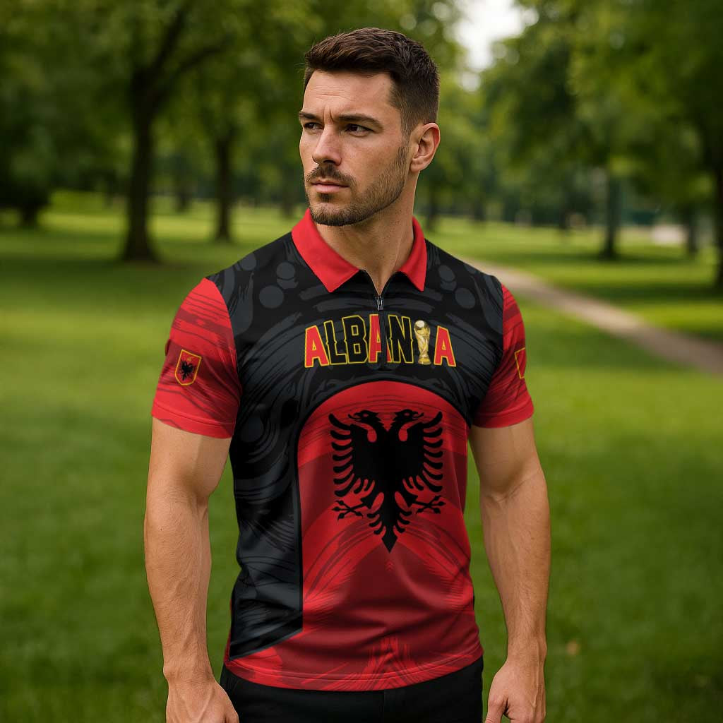 Custom Football 2026 Albania Black Zipper Polo Shirt Kuqezinjte Come On
