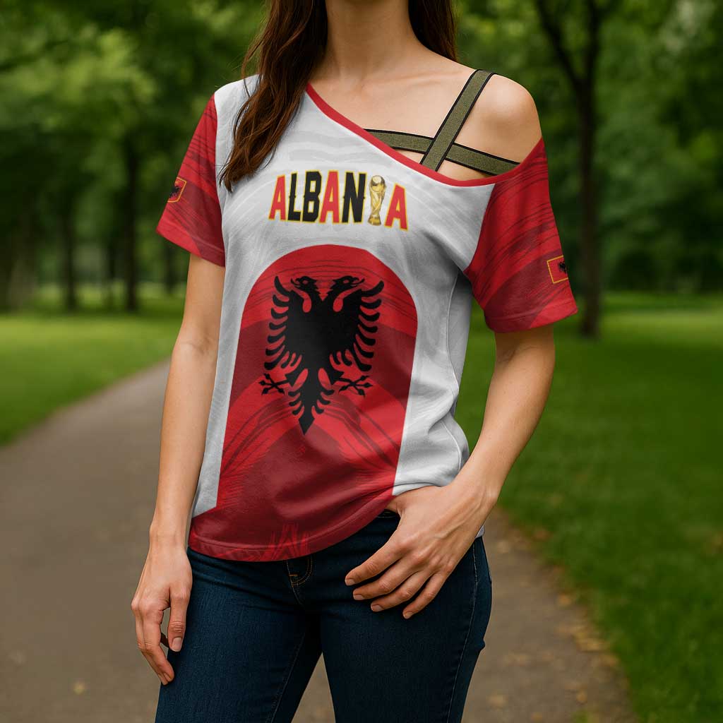 Custom Football 2026 Albania White Cross Shoulder Shirt Kuqezinjte Come On