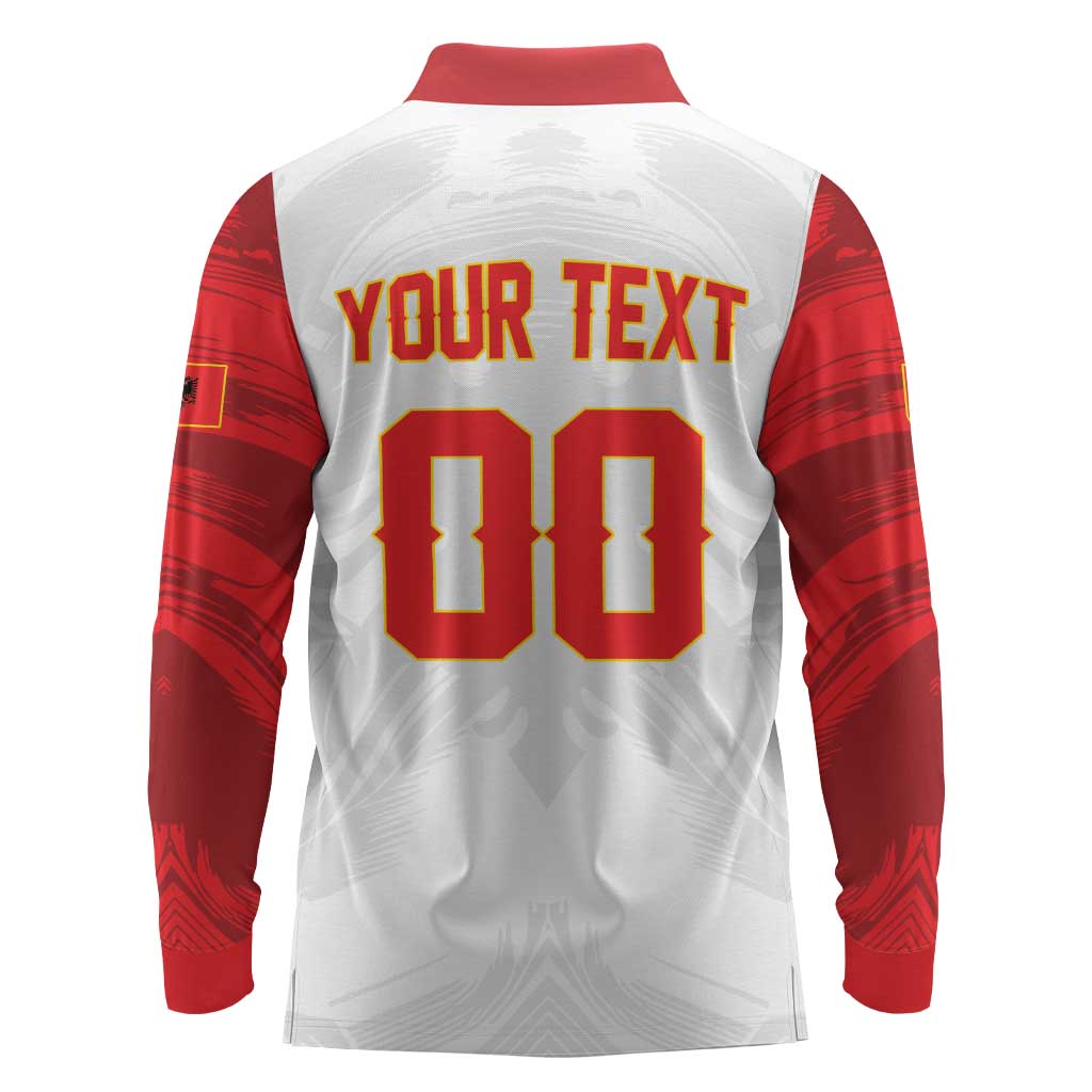 Custom Football 2026 Albania White Long Sleeve Polo Shirt Kuqezinjte Come On