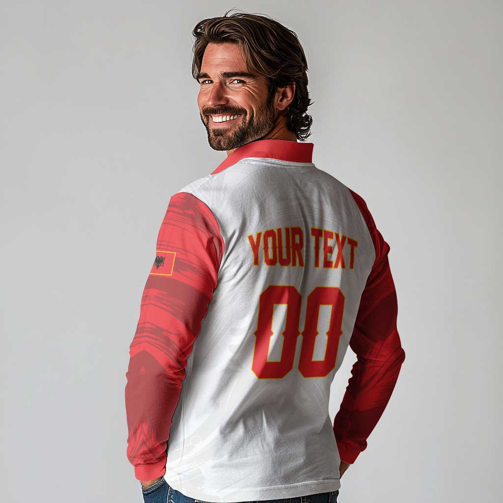Custom Football 2026 Albania White Long Sleeve Polo Shirt Kuqezinjte Come On