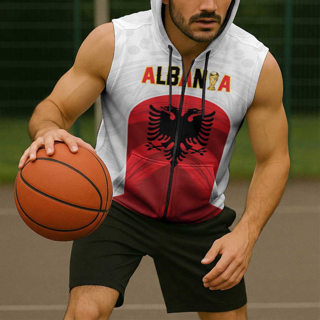 Custom Football 2026 Albania White Sleeveless Zip Hoodie Kuqezinjte Come On