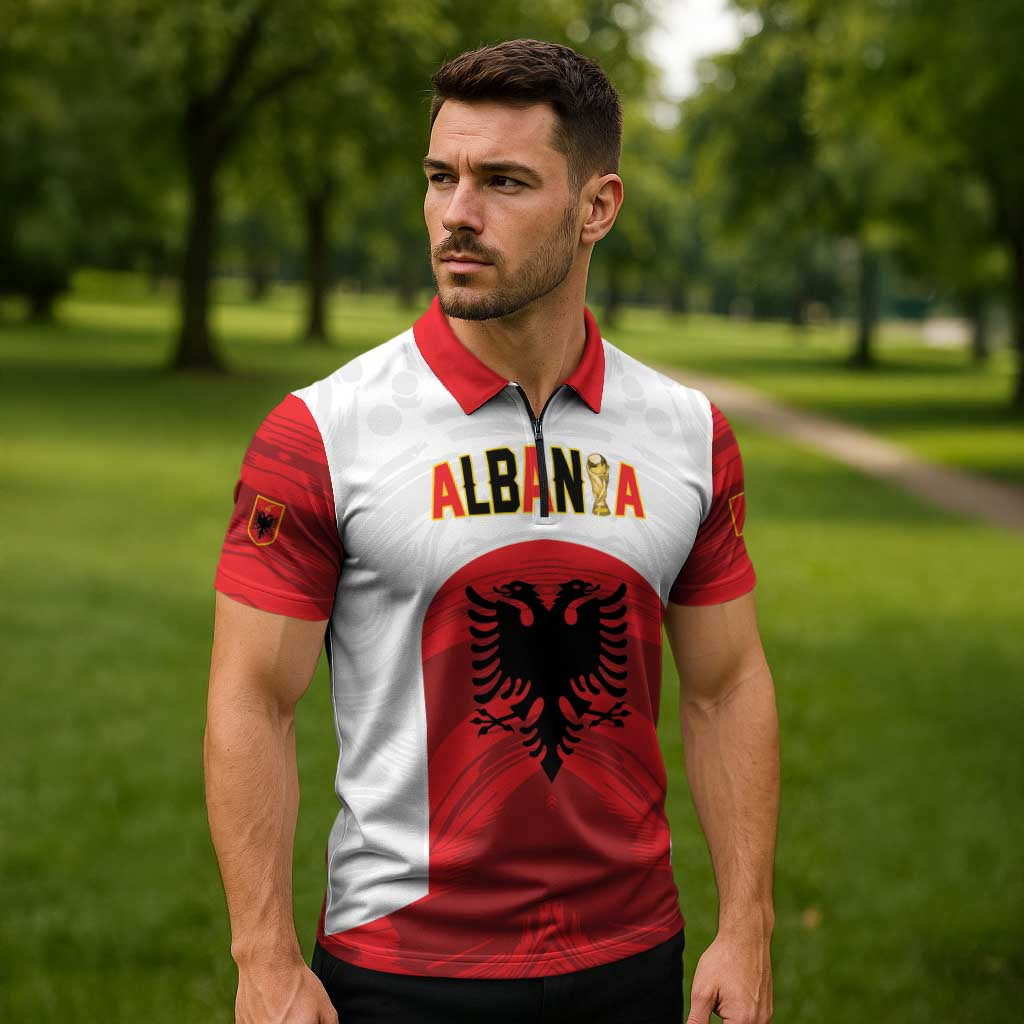 Custom Football 2026 Albania White Zipper Polo Shirt Kuqezinjte Come On