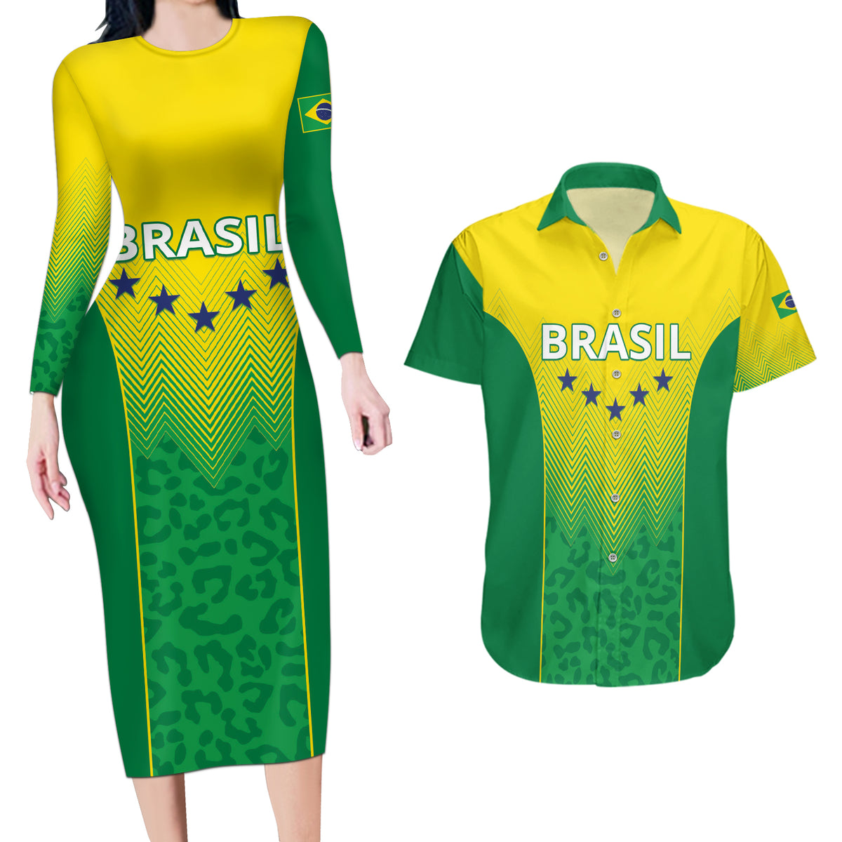Personalized Brazil 2024 Couples Matching Long Sleeve Bodycon Dress and Hawaiian Shirt Selecao Brasileira - Wonder Print Shop