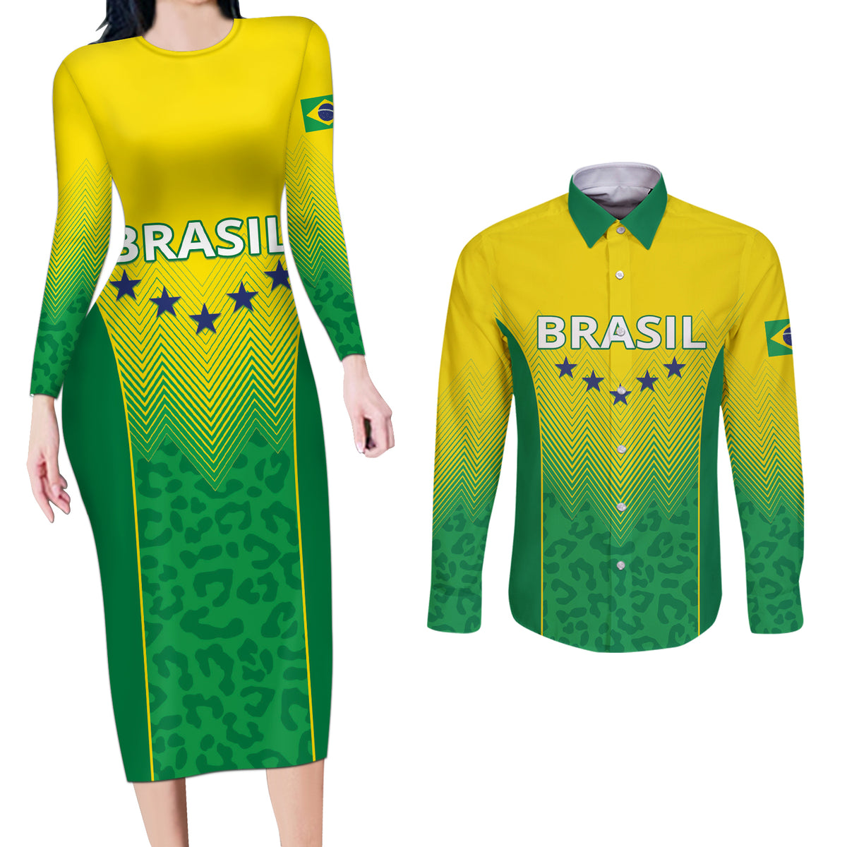 Personalized Brazil 2024 Couples Matching Long Sleeve Bodycon Dress and Long Sleeve Button Shirt Selecao Brasileira - Wonder Print Shop
