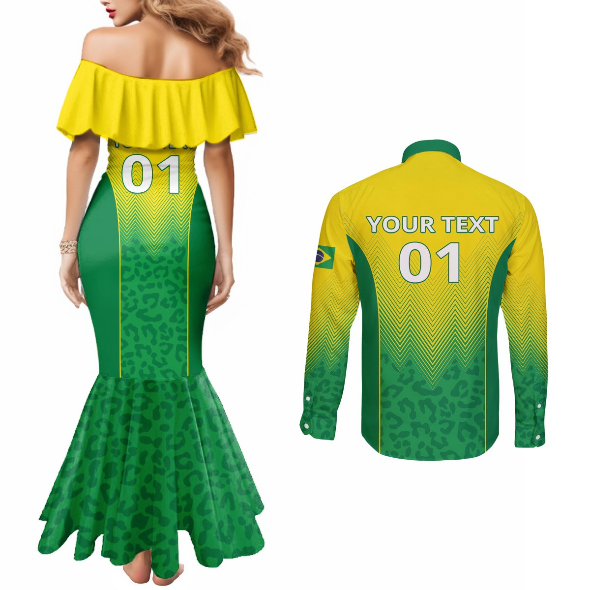 Personalized Brazil 2024 Couples Matching Mermaid Dress and Long Sleeve Button Shirt Selecao Brasileira