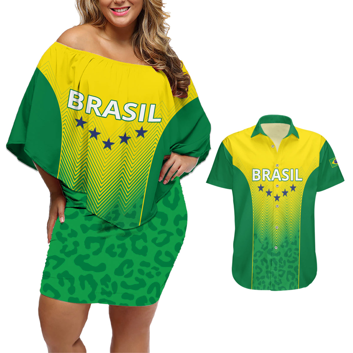 Personalized Brazil 2024 Couples Matching Off Shoulder Short Dress and Hawaiian Shirt Selecao Brasileira - Wonder Print Shop