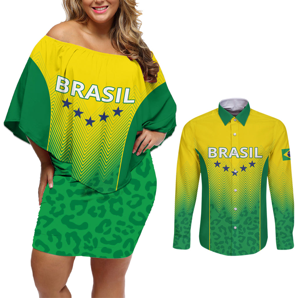 Personalized Brazil 2024 Couples Matching Off Shoulder Short Dress and Long Sleeve Button Shirt Selecao Brasileira - Wonder Print Shop