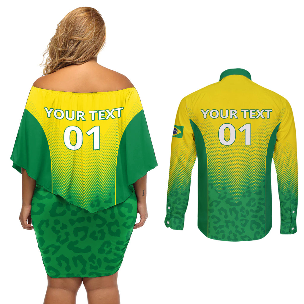 Personalized Brazil 2024 Couples Matching Off Shoulder Short Dress and Long Sleeve Button Shirt Selecao Brasileira - Wonder Print Shop