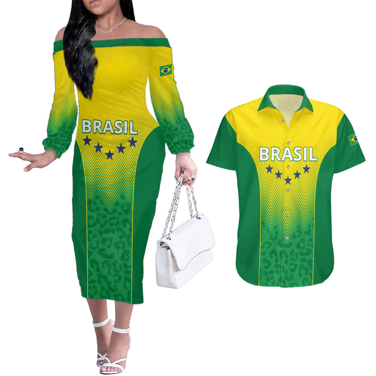 Personalized Brazil 2024 Couples Matching Off The Shoulder Long Sleeve Dress and Hawaiian Shirt Selecao Brasileira - Wonder Print Shop
