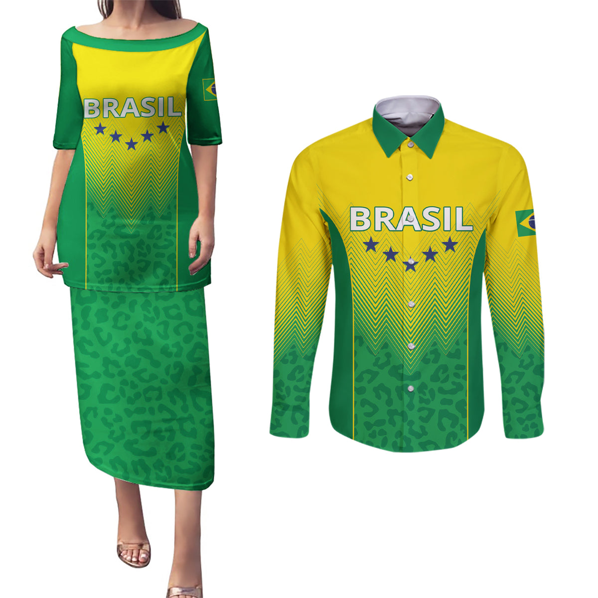 Personalized Brazil 2024 Couples Matching Puletasi and Long Sleeve Button Shirt Selecao Brasileira - Wonder Print Shop