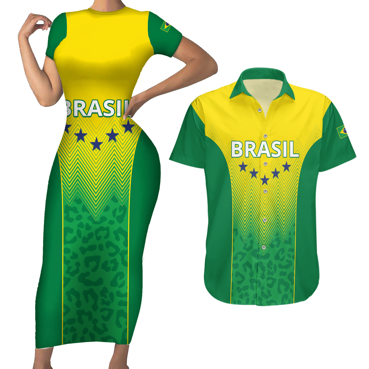 Personalized Brazil 2024 Couples Matching Short Sleeve Bodycon Dress and Hawaiian Shirt Selecao Brasileira - Wonder Print Shop