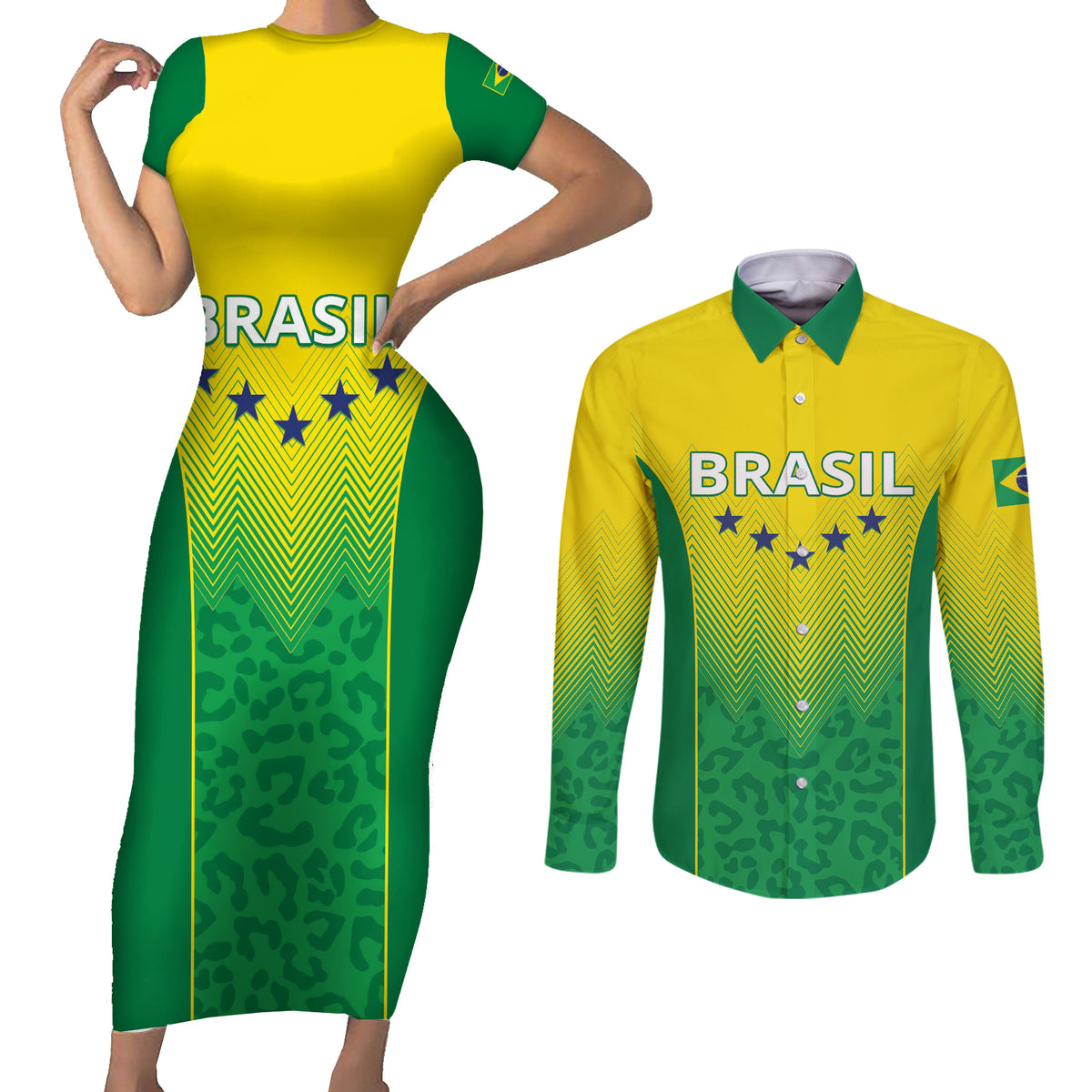Personalized Brazil 2024 Couples Matching Short Sleeve Bodycon Dress and Long Sleeve Button Shirt Selecao Brasileira - Wonder Print Shop