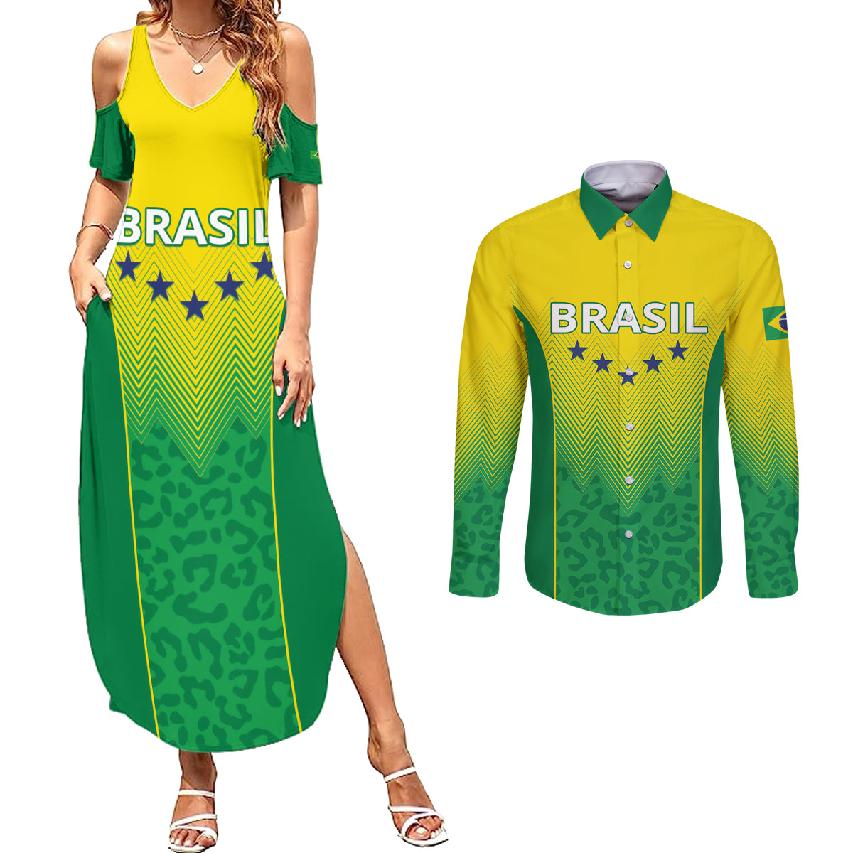 Personalized Brazil 2024 Couples Matching Summer Maxi Dress and Long Sleeve Button Shirt Selecao Brasileira - Wonder Print Shop
