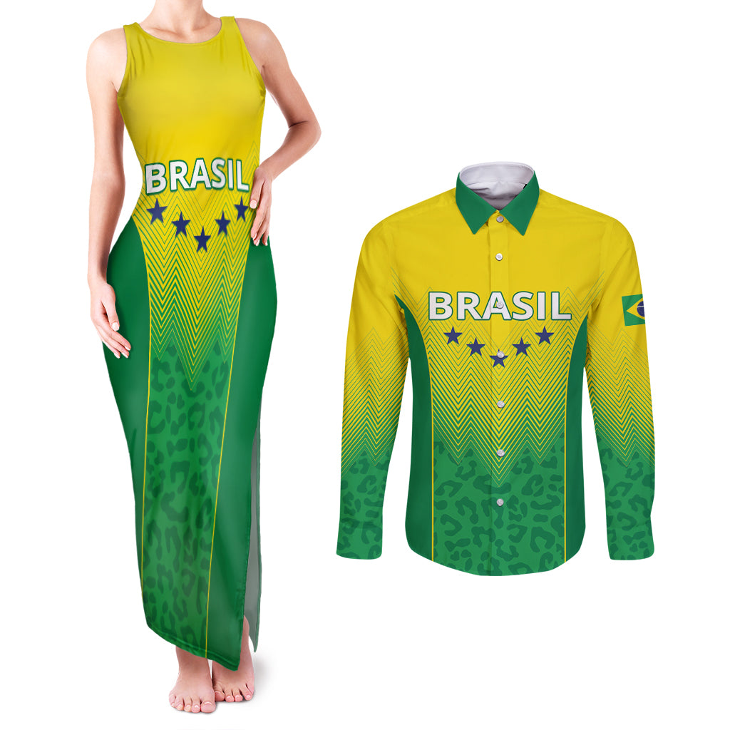Personalized Brazil 2024 Couples Matching Tank Maxi Dress and Long Sleeve Button Shirt Selecao Brasileira - Wonder Print Shop