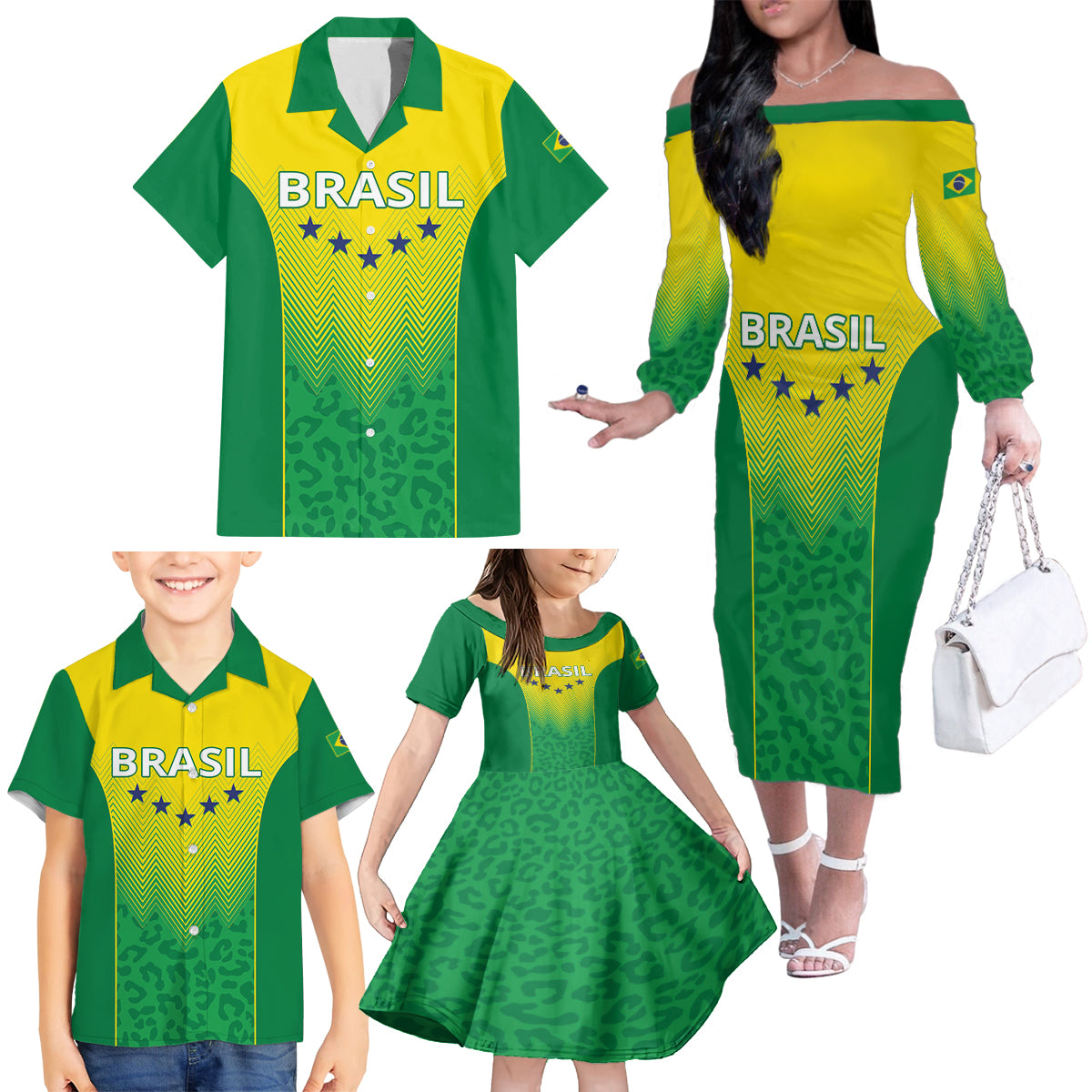 Personalized Brazil 2024 Family Matching Off The Shoulder Long Sleeve Dress and Hawaiian Shirt Selecao Brasileira - Wonder Print Shop