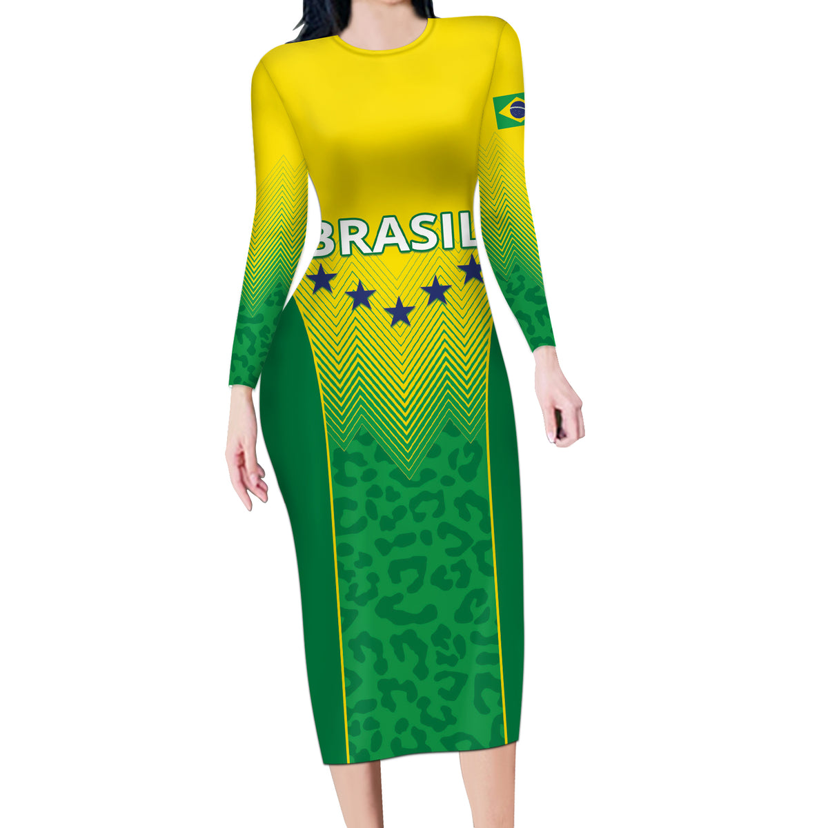 Personalized Brazil 2024 Long Sleeve Bodycon Dress Selecao Brasileira - Wonder Print Shop