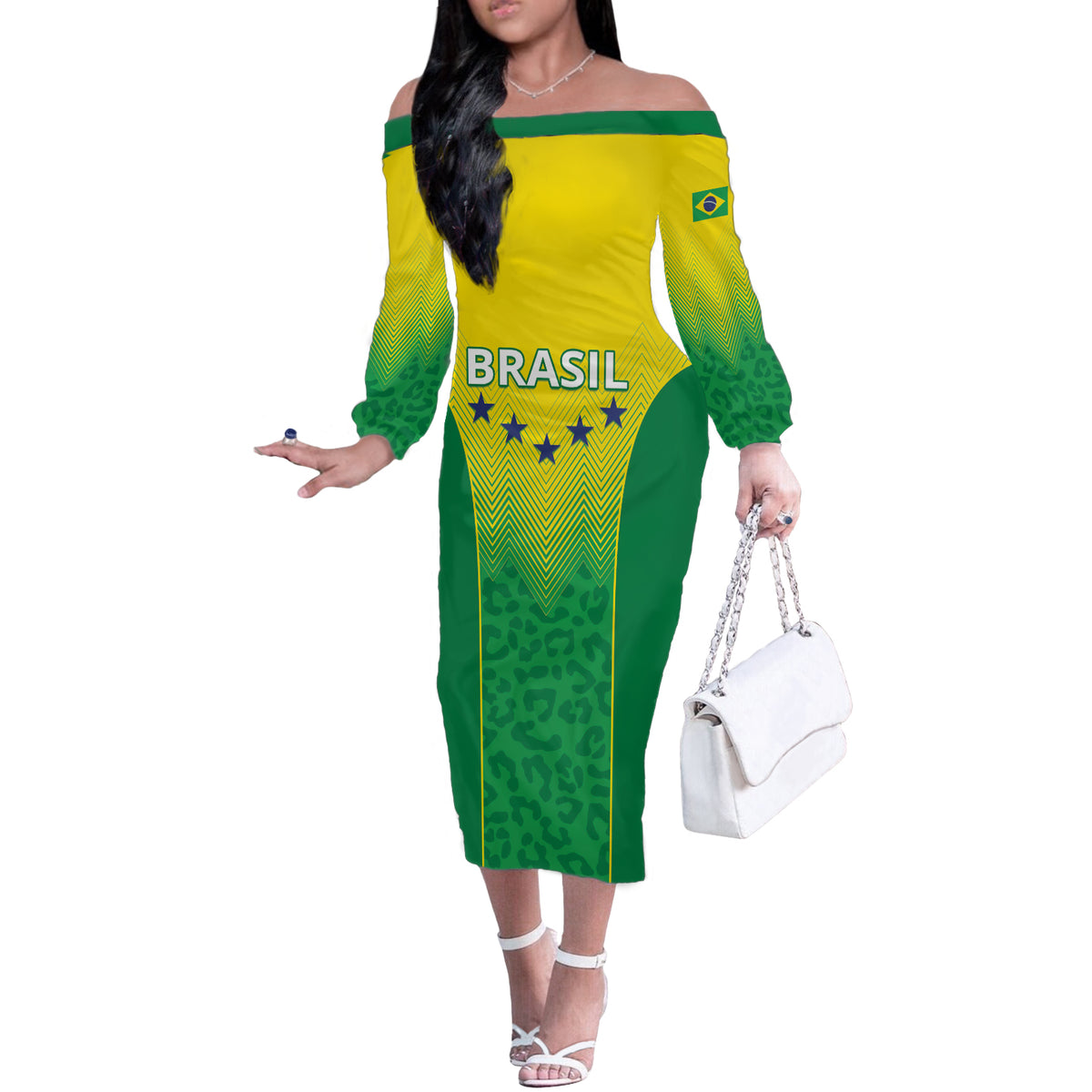 Personalized Brazil 2024 Off The Shoulder Long Sleeve Dress Selecao Brasileira - Wonder Print Shop