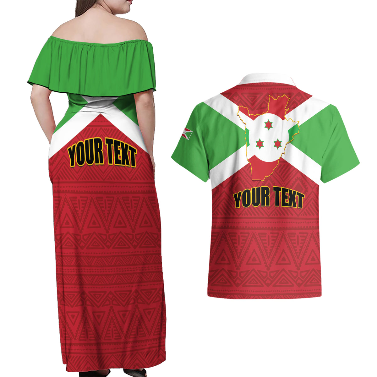 Personalized Burundi Couples Matching Off Shoulder Maxi Dress and Hawaiian Shirt Coat Of Arms African Pattern - Wonder Print Shop