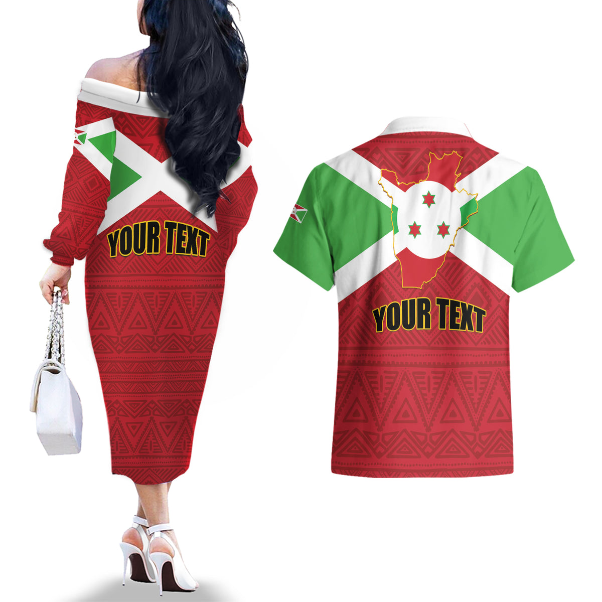 Personalized Burundi Couples Matching Off The Shoulder Long Sleeve Dress and Hawaiian Shirt Coat Of Arms African Pattern - Wonder Print Shop