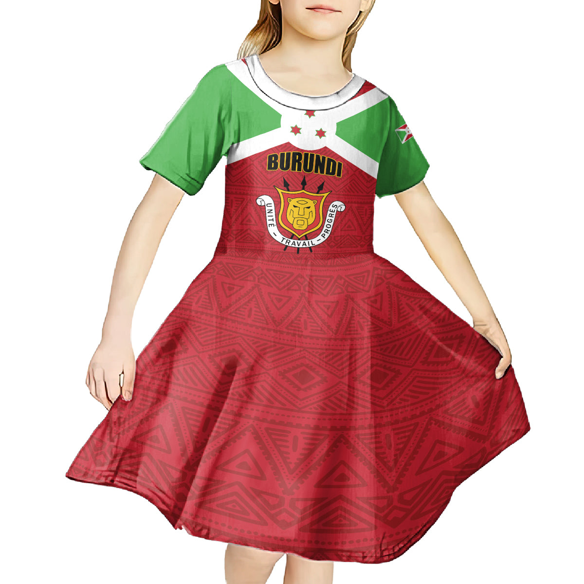 Personalized Burundi Kid Short Sleeve Dress Coat Of Arms African Pattern - Wonder Print Shop
