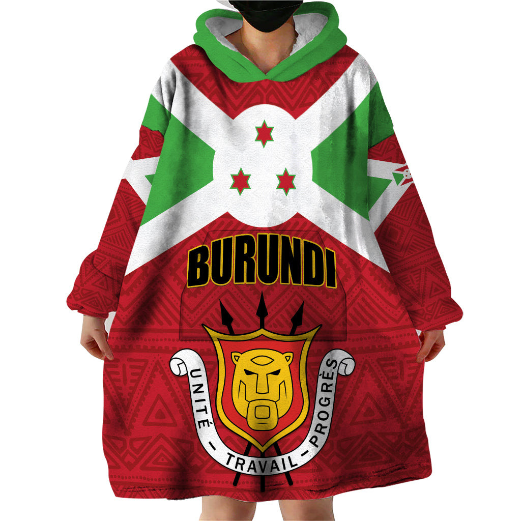 Personalized Burundi Wearable Blanket Hoodie Coat Of Arms African Pattern - Wonder Print Shop