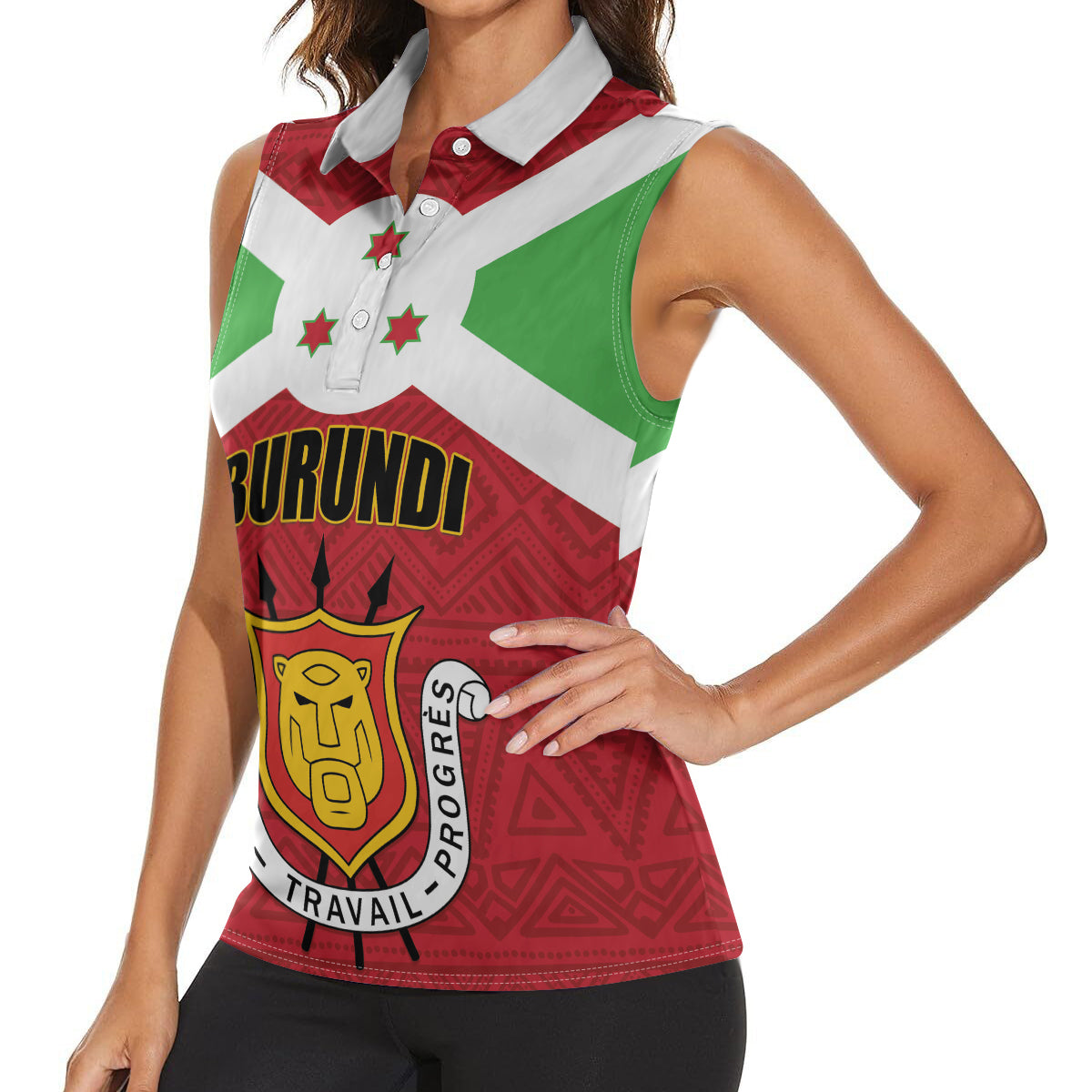 Personalized Burundi Women Sleeveless Polo Shirt Coat Of Arms African Pattern - Wonder Print Shop