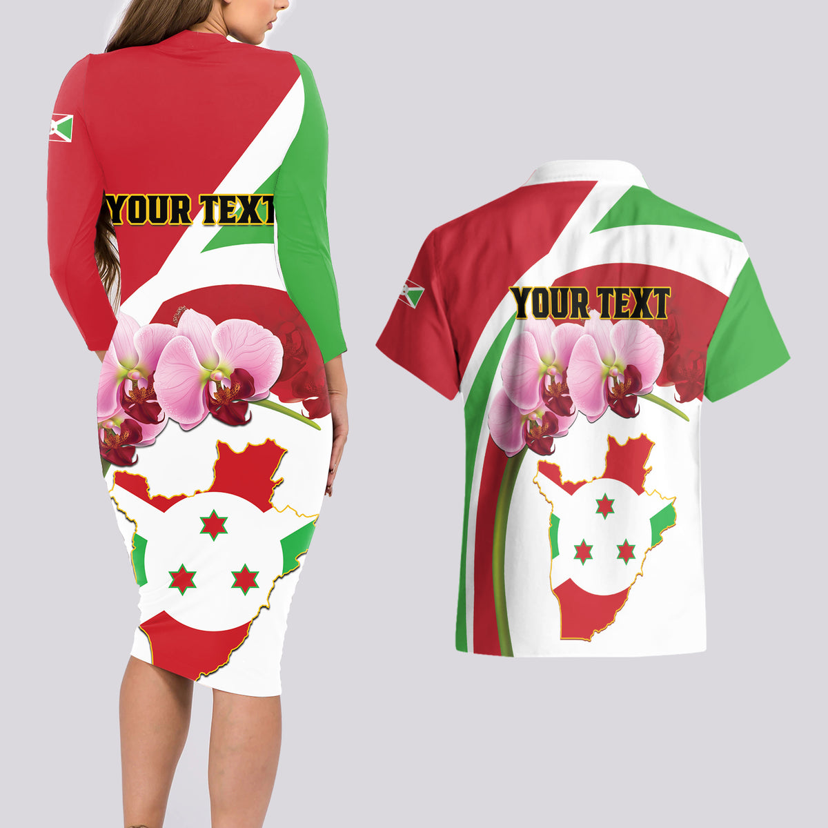 Personalized Burundi Independence Day Couples Matching Long Sleeve Bodycon Dress and Hawaiian Shirt Coat Of Arms Bujumbura Flower - Wonder Print Shop