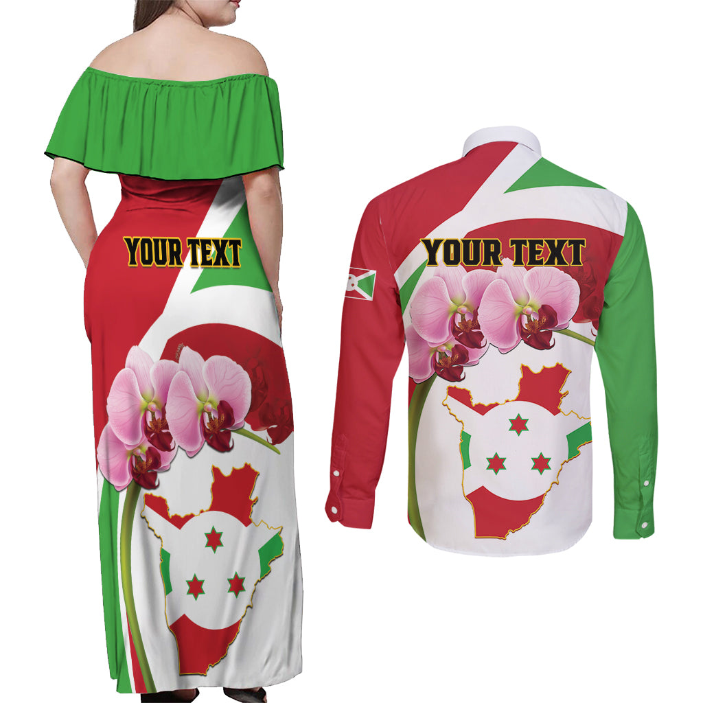 Personalized Burundi Independence Day Couples Matching Off Shoulder Maxi Dress and Long Sleeve Button Shirt Coat Of Arms Bujumbura Flower - Wonder Print Shop