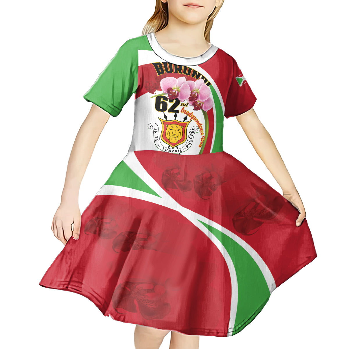 Personalized Burundi Independence Day Kid Short Sleeve Dress Coat Of Arms Bujumbura Flower - Wonder Print Shop