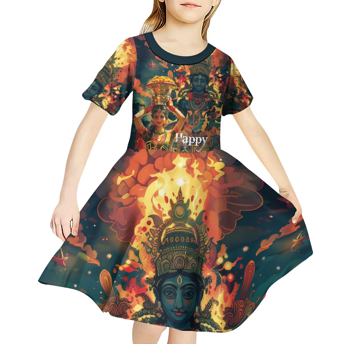 Bonalu Festival 2024 Kid Short Sleeve Dress Bonam Parikrama - Wonder Print Shop