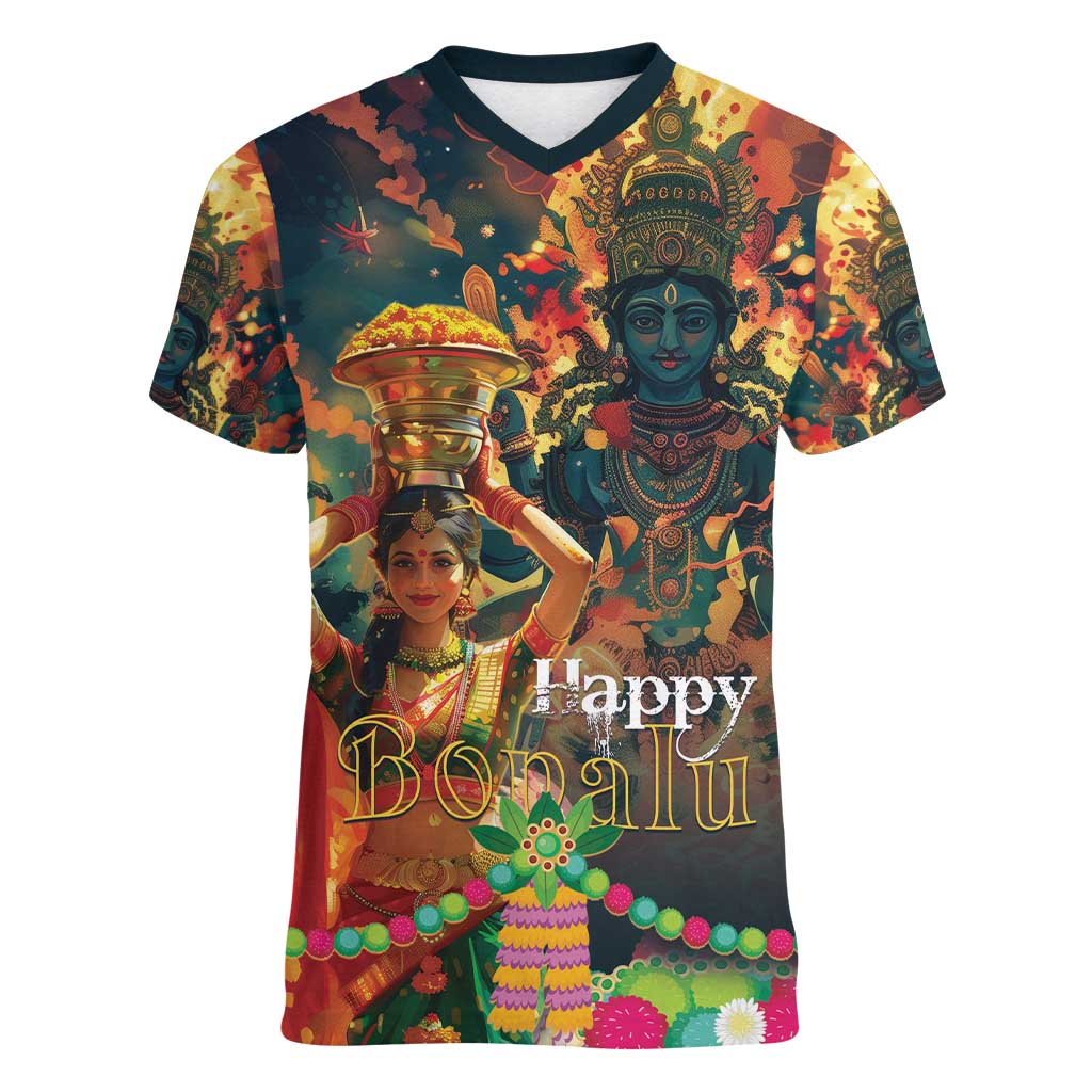 Bonalu Festival 2024 Women V-Neck T-Shirt Bonam Parikrama - Wonder Print Shop
