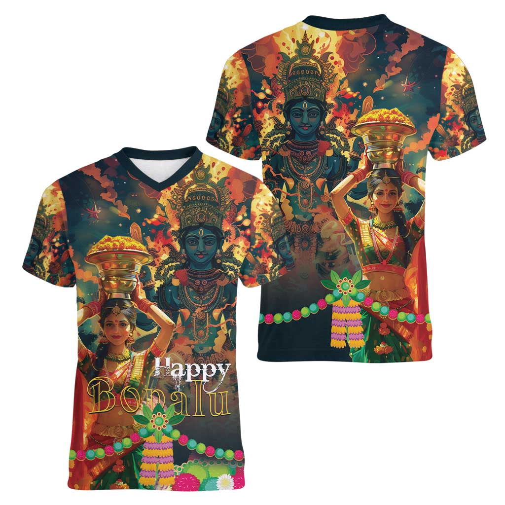 Bonalu Festival 2024 Women V-Neck T-Shirt Bonam Parikrama - Wonder Print Shop