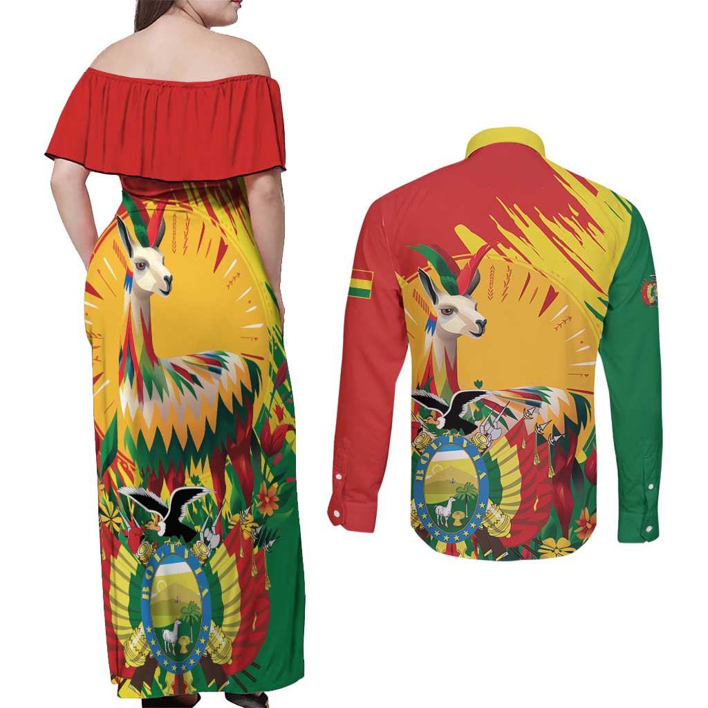 Bolivia Independence Day Couples Matching Off Shoulder Maxi Dress and Long Sleeve Button Shirt Puliwya Achka Aylluska Mamallaqta - Wonder Print Shop